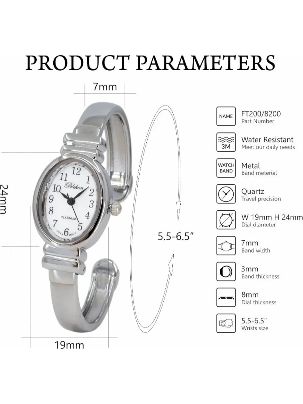 Womens Silver Analog Quartz Elegant Pearl Dial Sophisticated Cuff Bracelet Watch